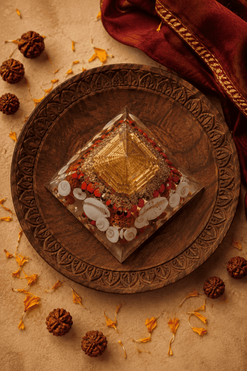 Shree Laxmi Yantra Orgone Pyramid with Gomti Chakra & Rudraksha | Lab Certified