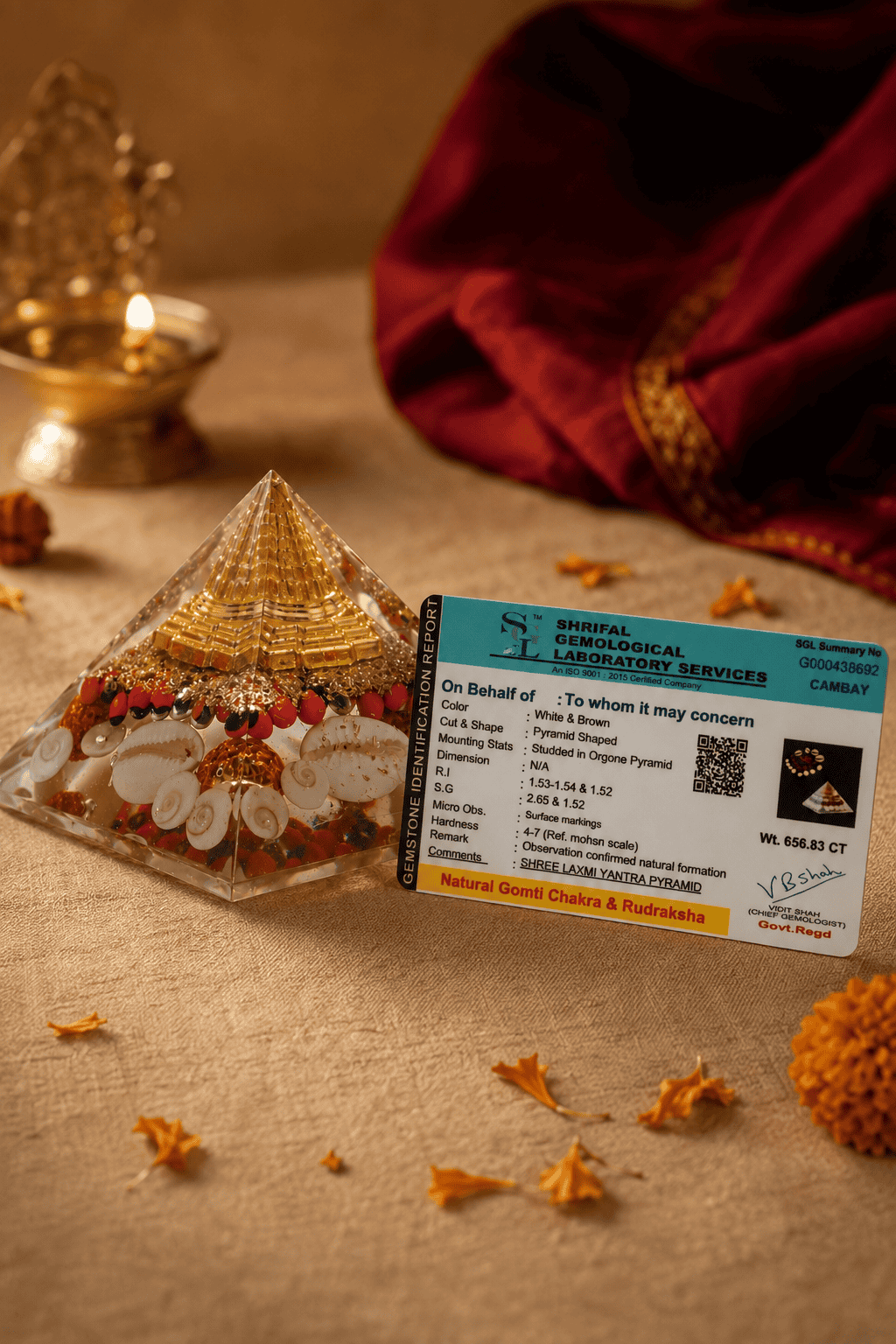 Shree Laxmi Yantra Orgone Pyramid with Gomti Chakra & Rudraksha | Lab Certified